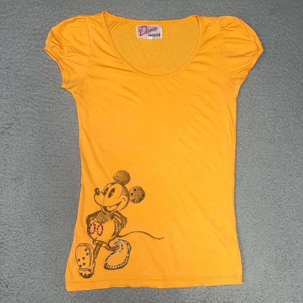 Disney Vintage Mickey Shirt Women Sz M Yellow Rhinestone Cap Sleeve Made in USA